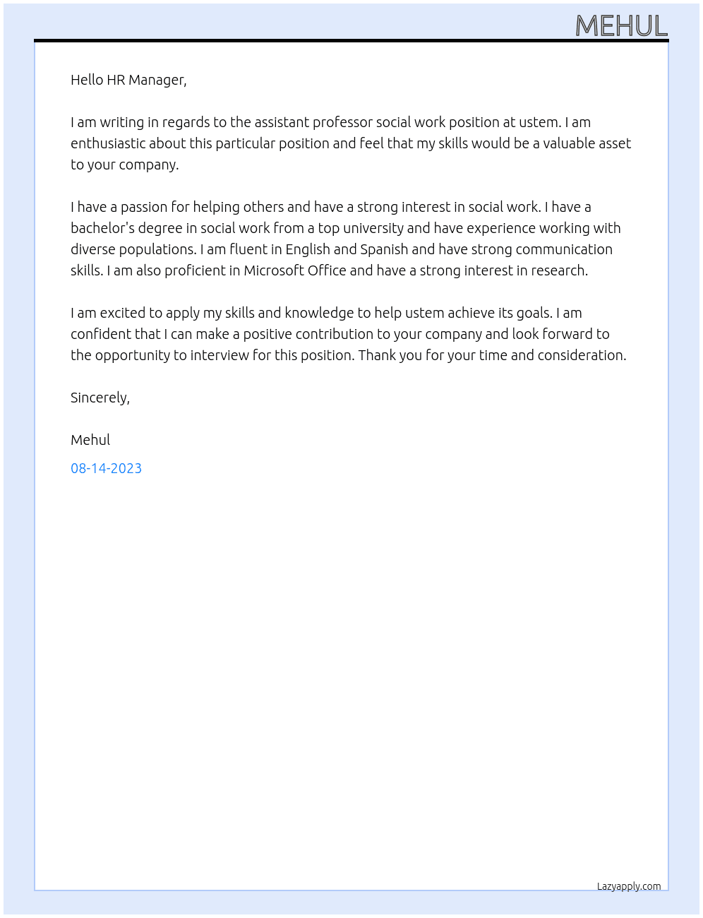 assistant professor social work At ustem Cover Letter