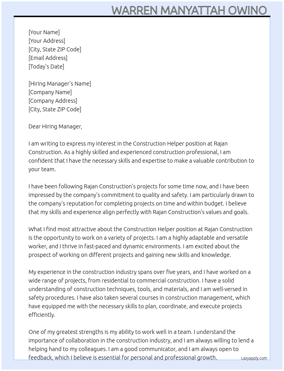 Construction Helper  At Rajan Construction  Cover Letter