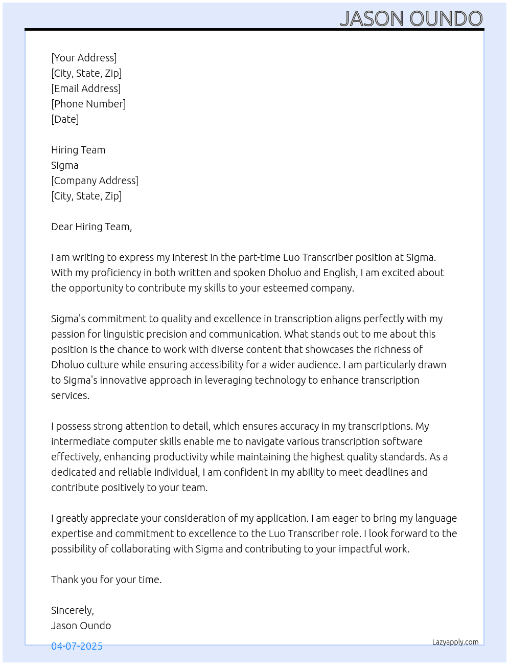 Luo Transciber At Sigma Cover Letter