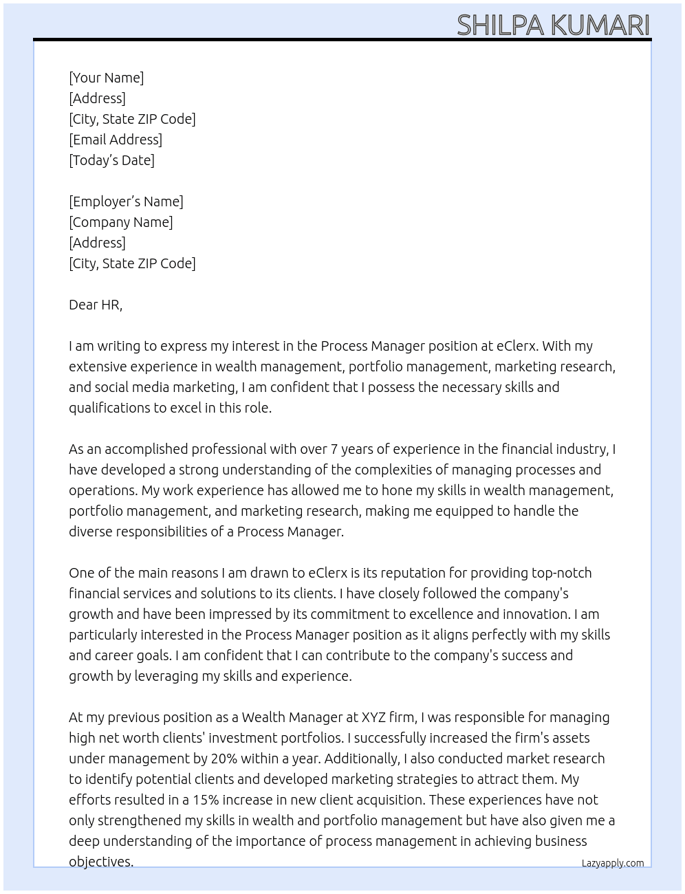 Process manager At eClerx Cover Letter