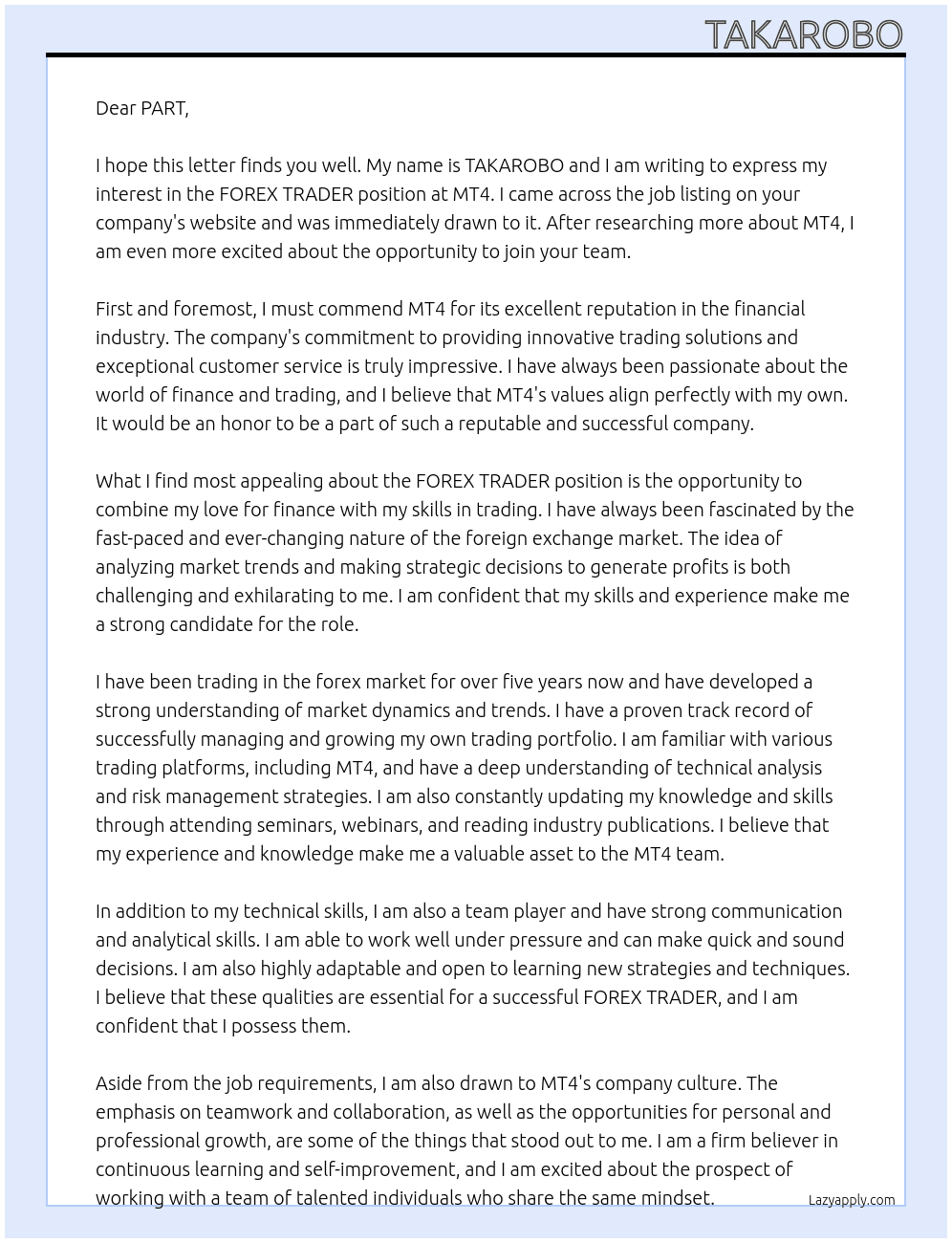 FOREX TRADER At MT4 Cover Letter