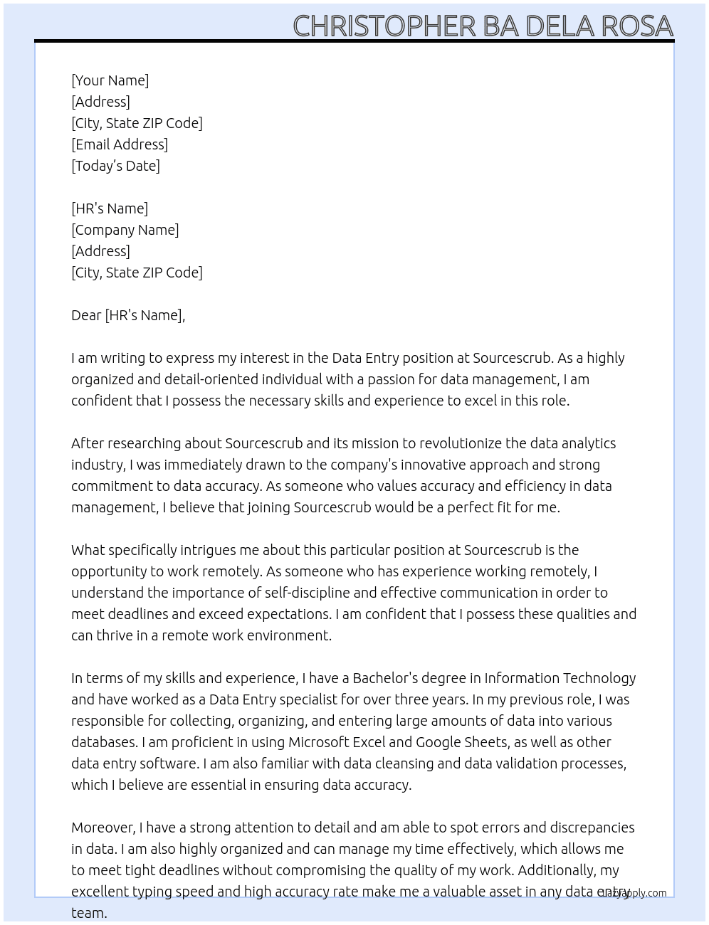 Data Entry At Sourcescrub Cover Letter