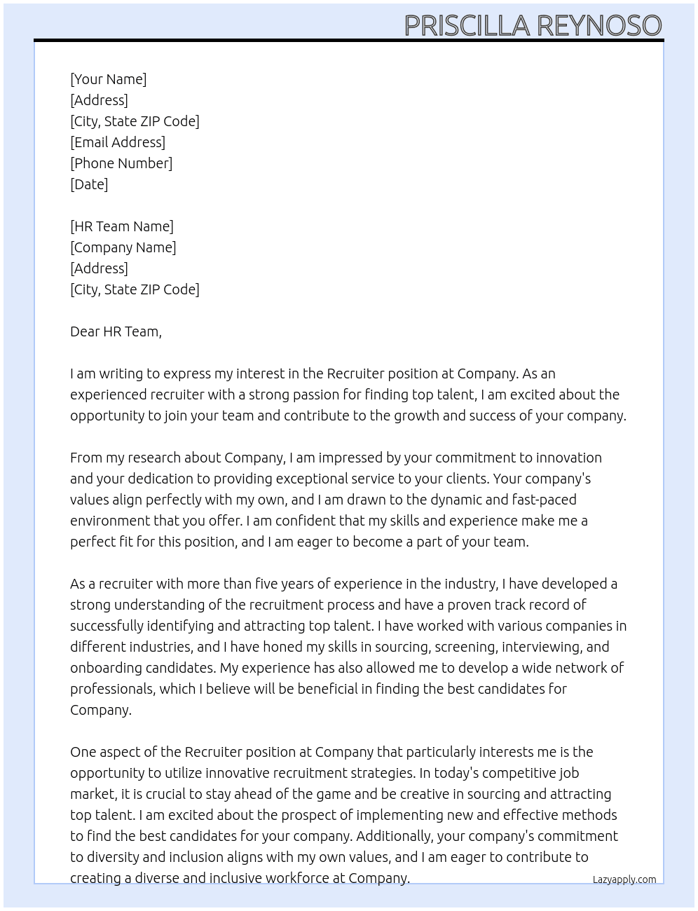 Recruiter At Company Cover Letter