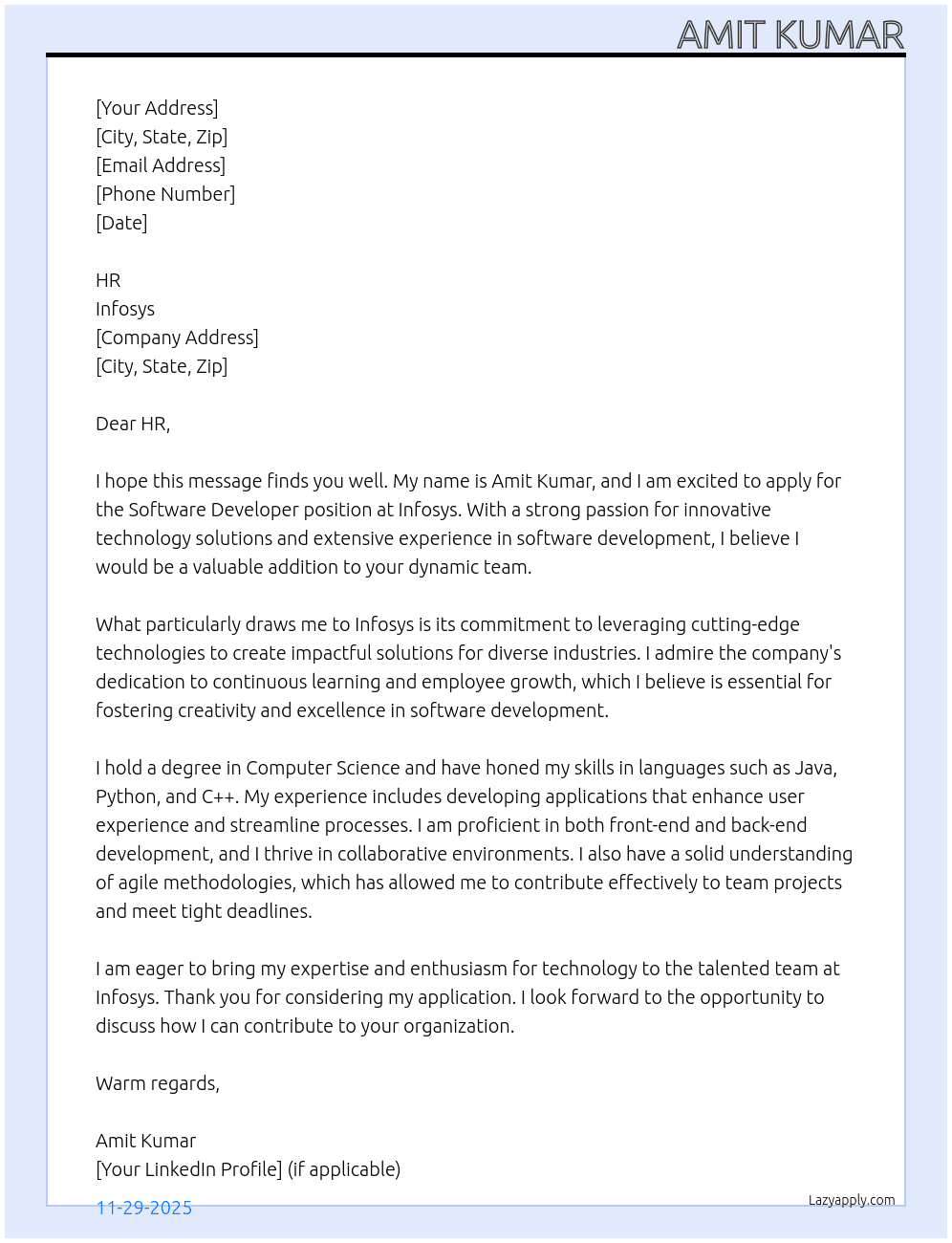 Software Developer At Infosys Cover Letter