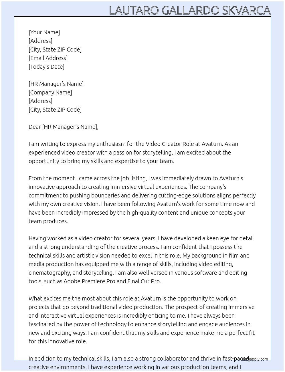Video Creator Role At Avaturn Cover Letter