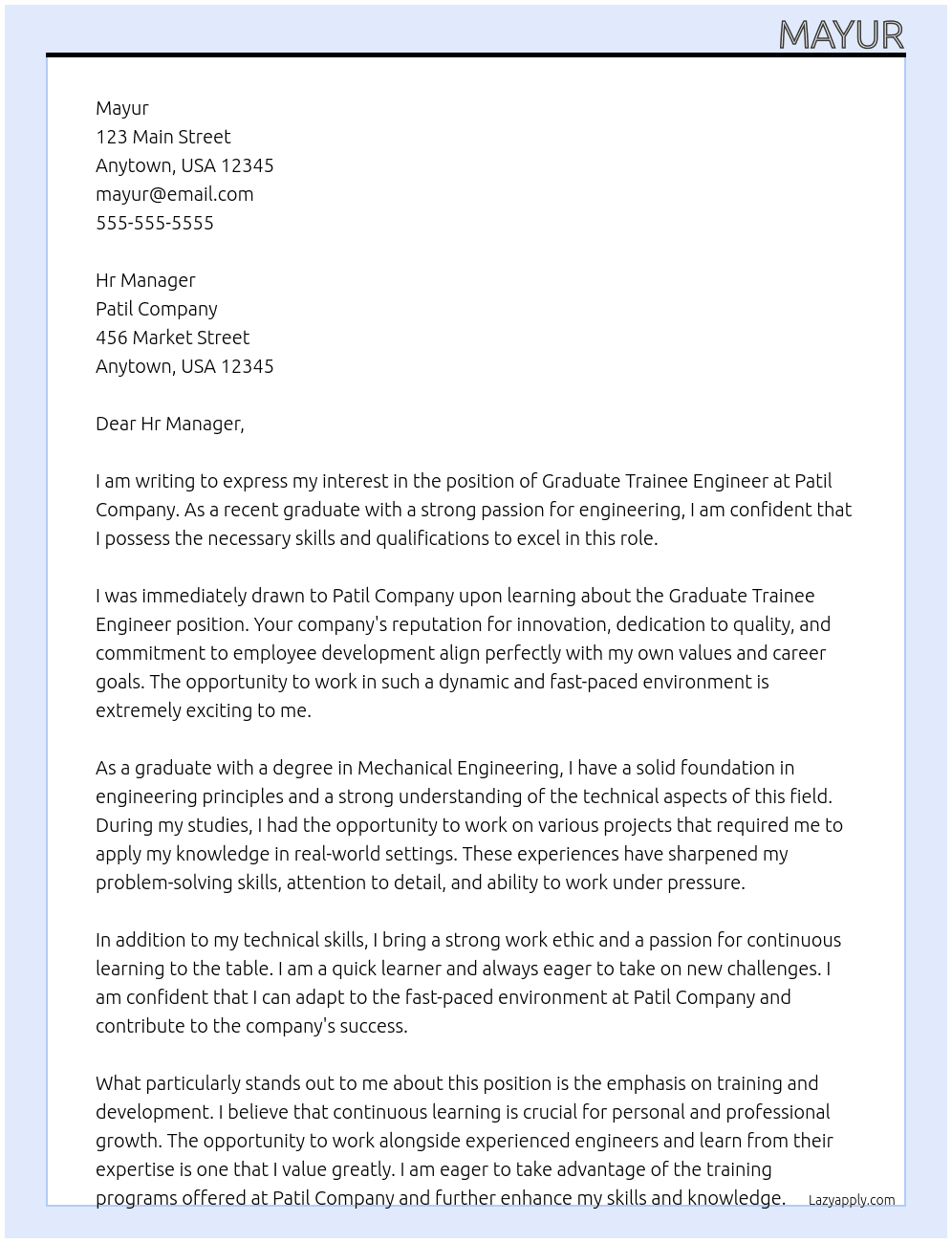 Graduate Trainee Engineer At Patil Cover Letter