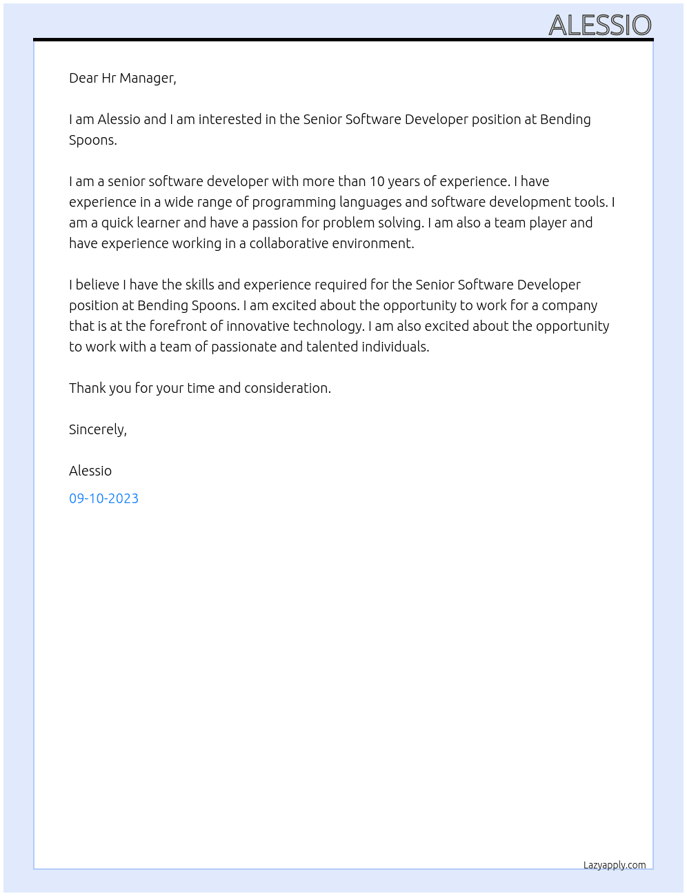 Senior Software Developer At Bending Spoons Cover Letter