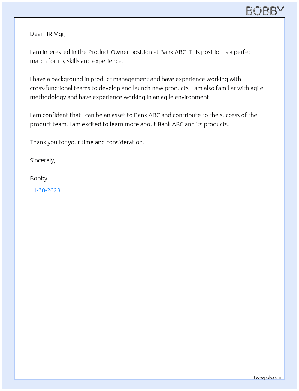 Product Owner At Bank ABC Cover Letter