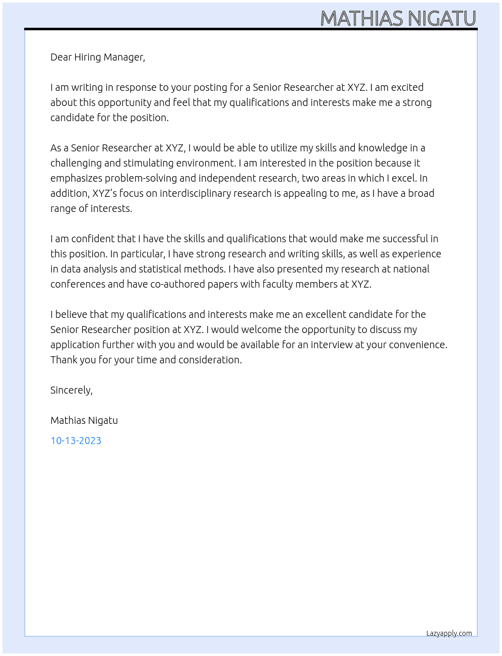 Senior Researcher At xyz Cover Letter