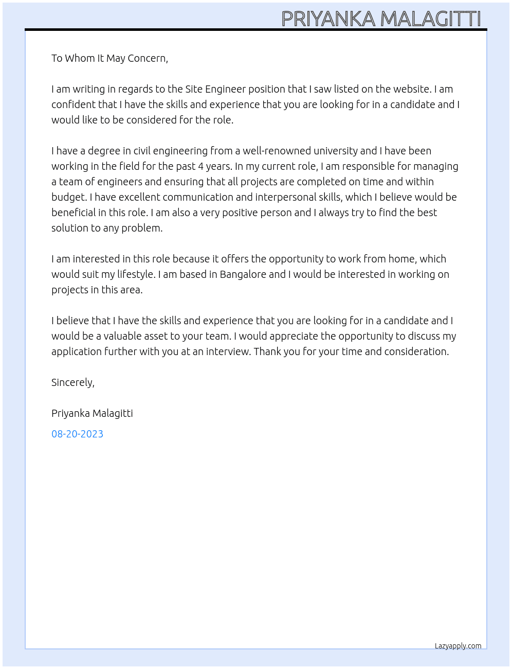 Site engineer  At MNC company  Cover Letter