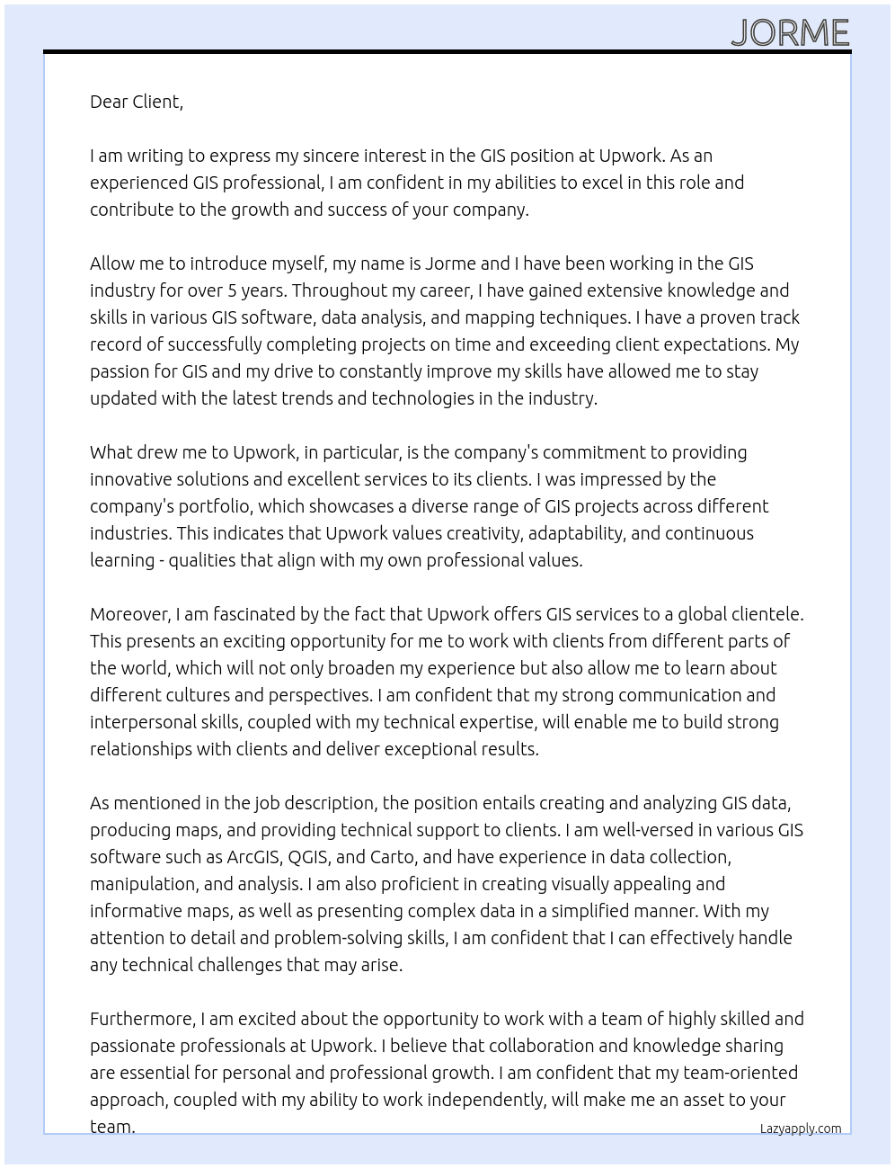 GIS  At Upwork Cover Letter