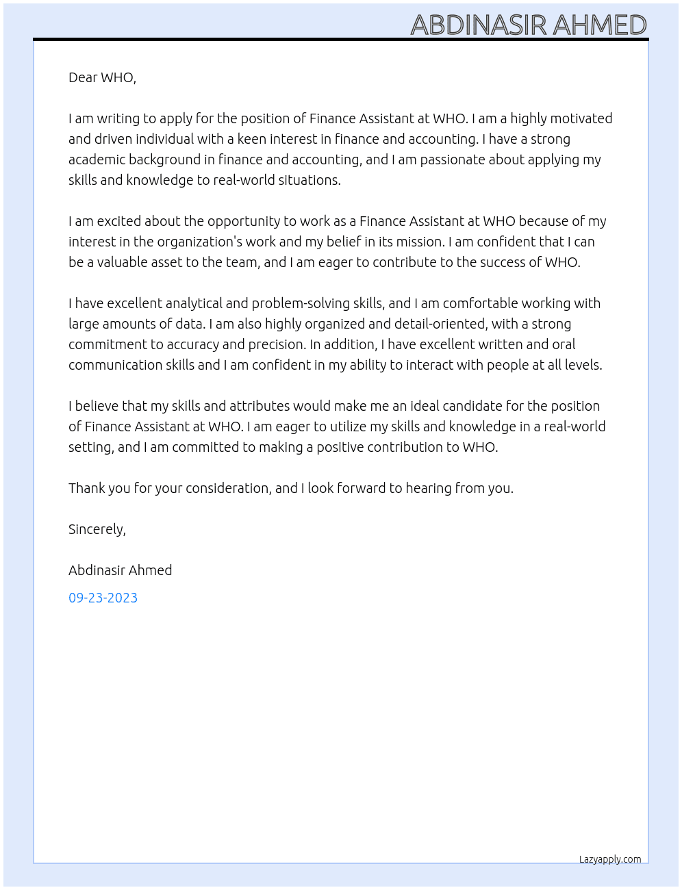 Finance Assistant At WHO Cover Letter