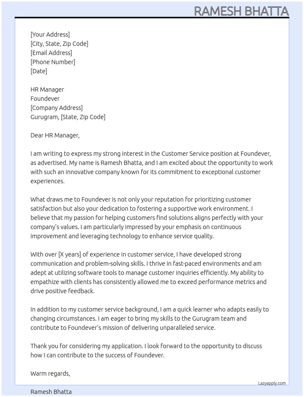 Customer service  At Foundever Cover Letter