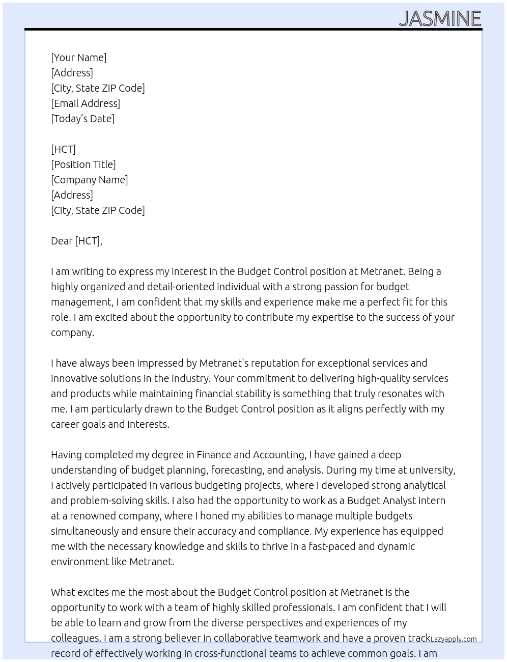 Budget Control At Metranet Cover Letter