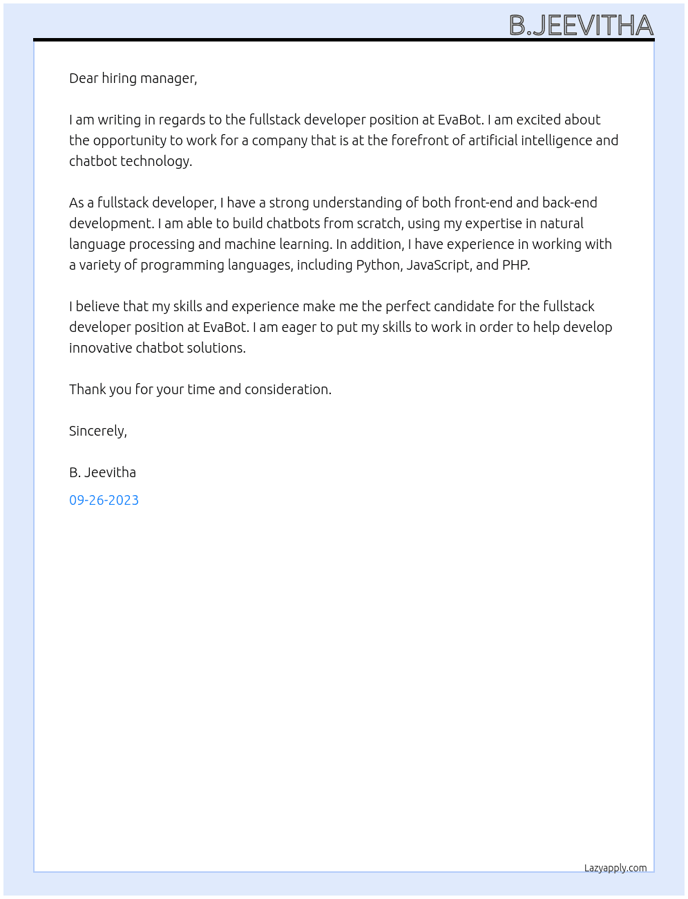 Fullstack developer At EvaBot Cover Letter