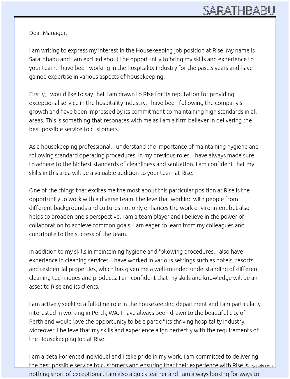 HOUSEKEEPING  JOB At Rise  Cover Letter