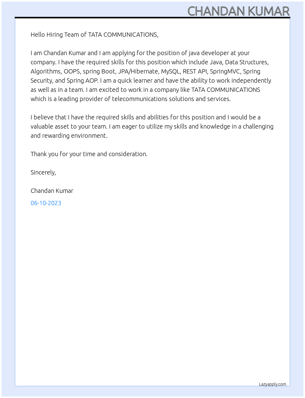 java Devloper At TATA COMMUNICATIONS  Cover Letter