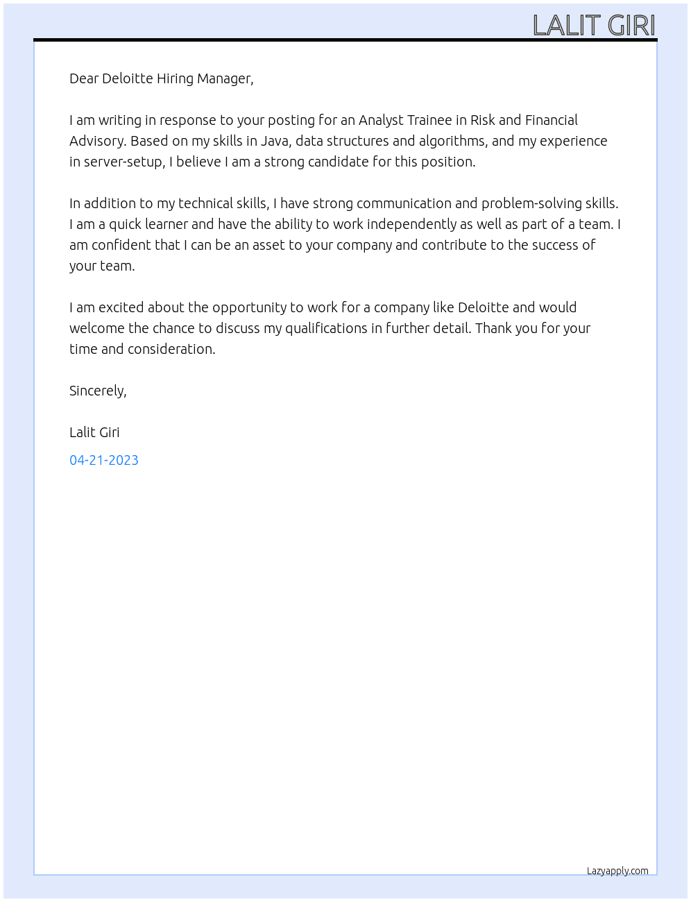 Analyst trainee risk and financial advisory At Deloitte Touche Tohmatsu Limited Cover Letter