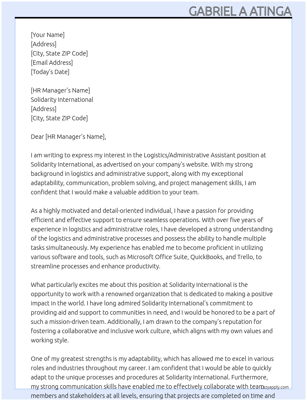 Logistics/administrative assistant  At Solidarity international  Cover Letter