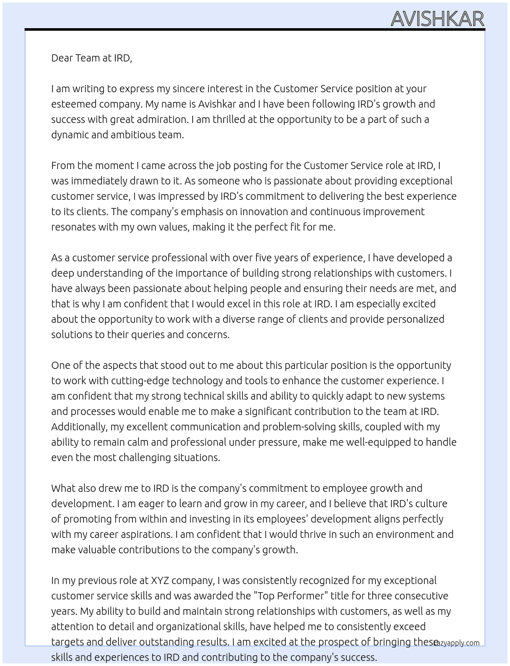 Customer Service At IRD Cover Letter