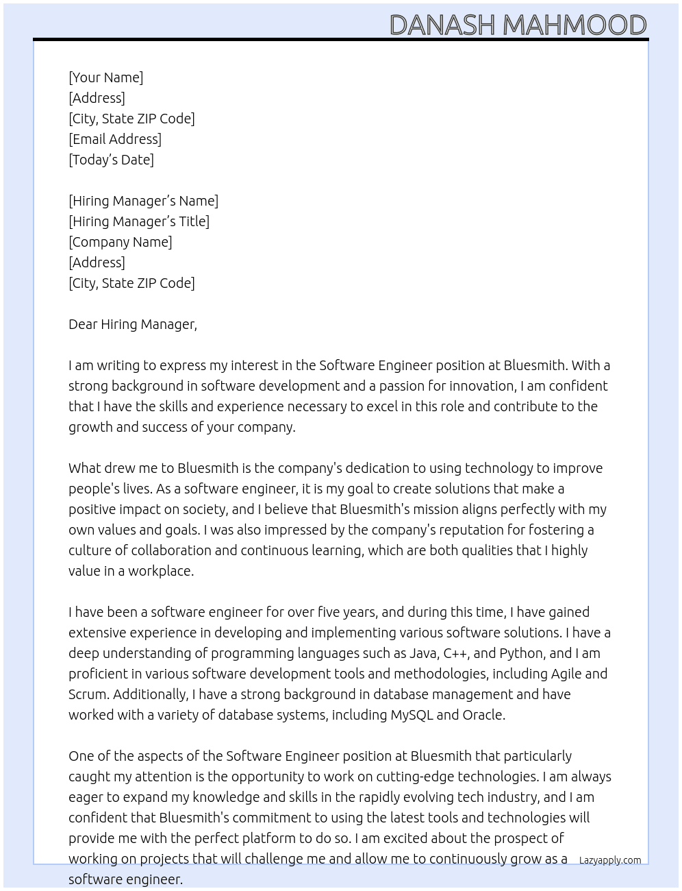 Software Engineer At Bluesmith Cover Letter