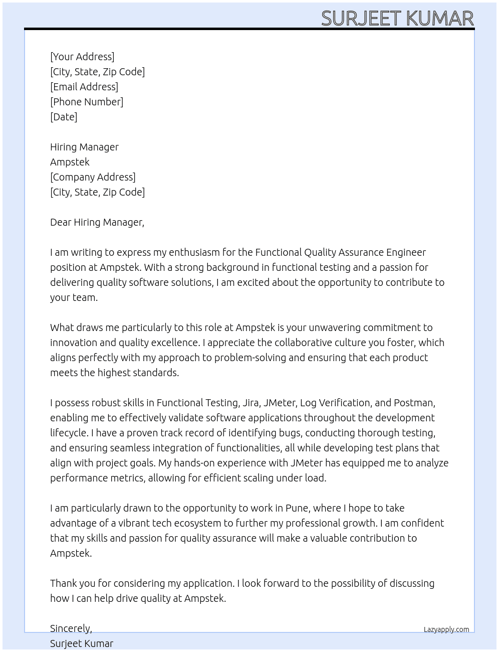 Functional Quality Assurance engineer At Ampstek Cover Letter