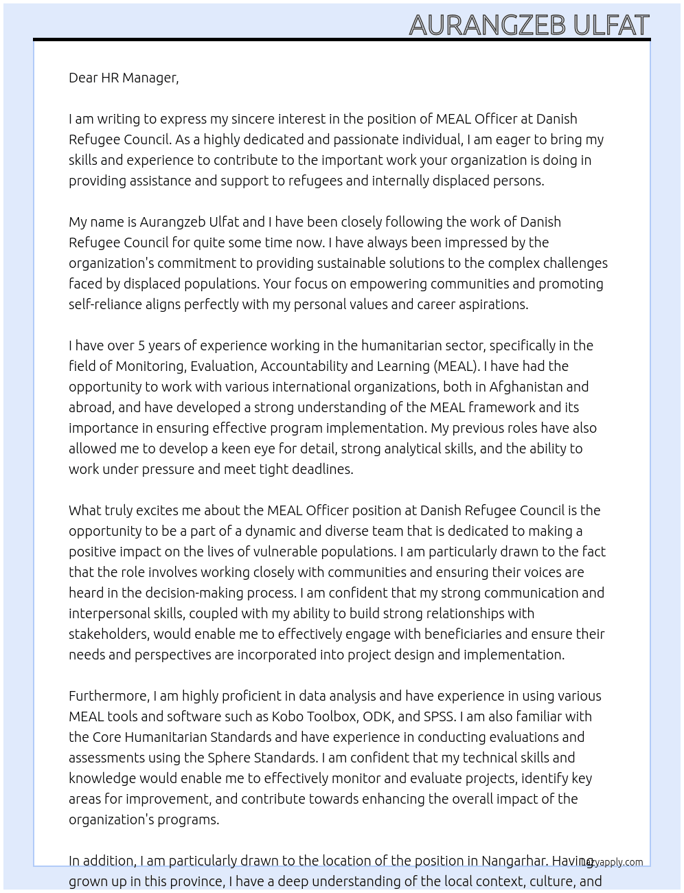 MEAL OFFICER At Danish Refugee Council Cover Letter