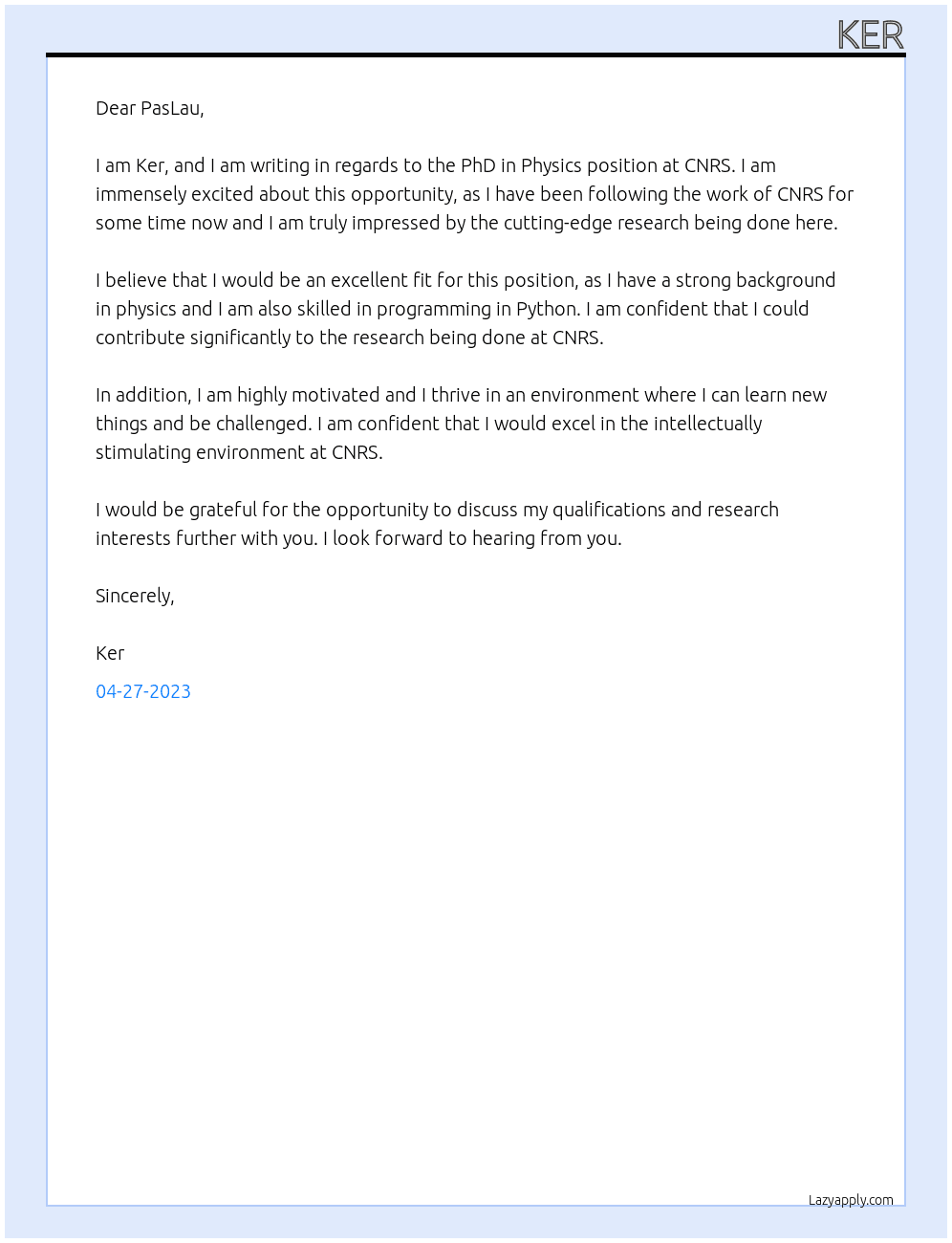 PhD in Physics At CNRS Cover Letter