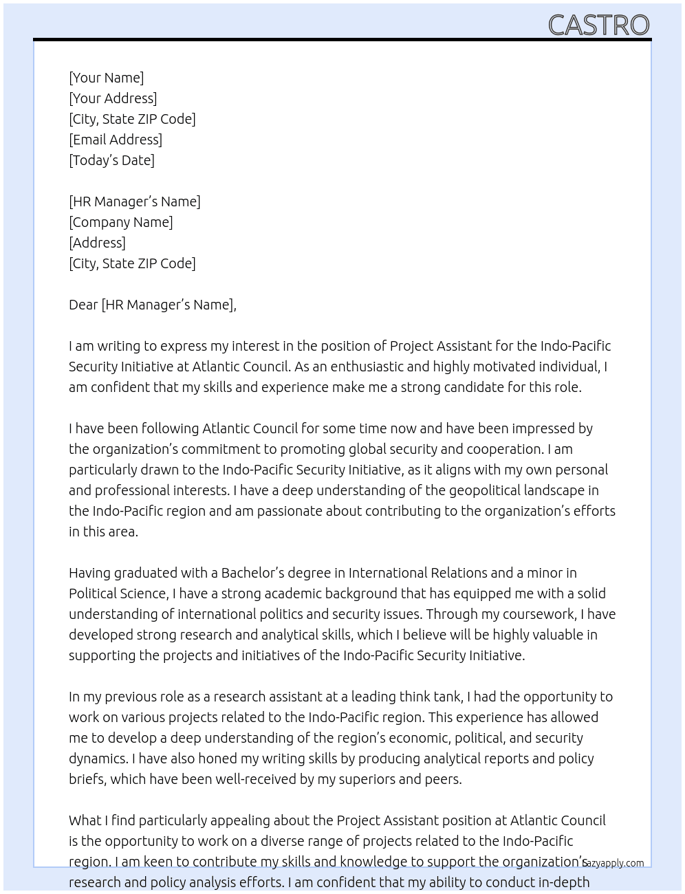 Project Assistant, Indo-Pacific Security Initiative At Atlantic Council  Cover Letter