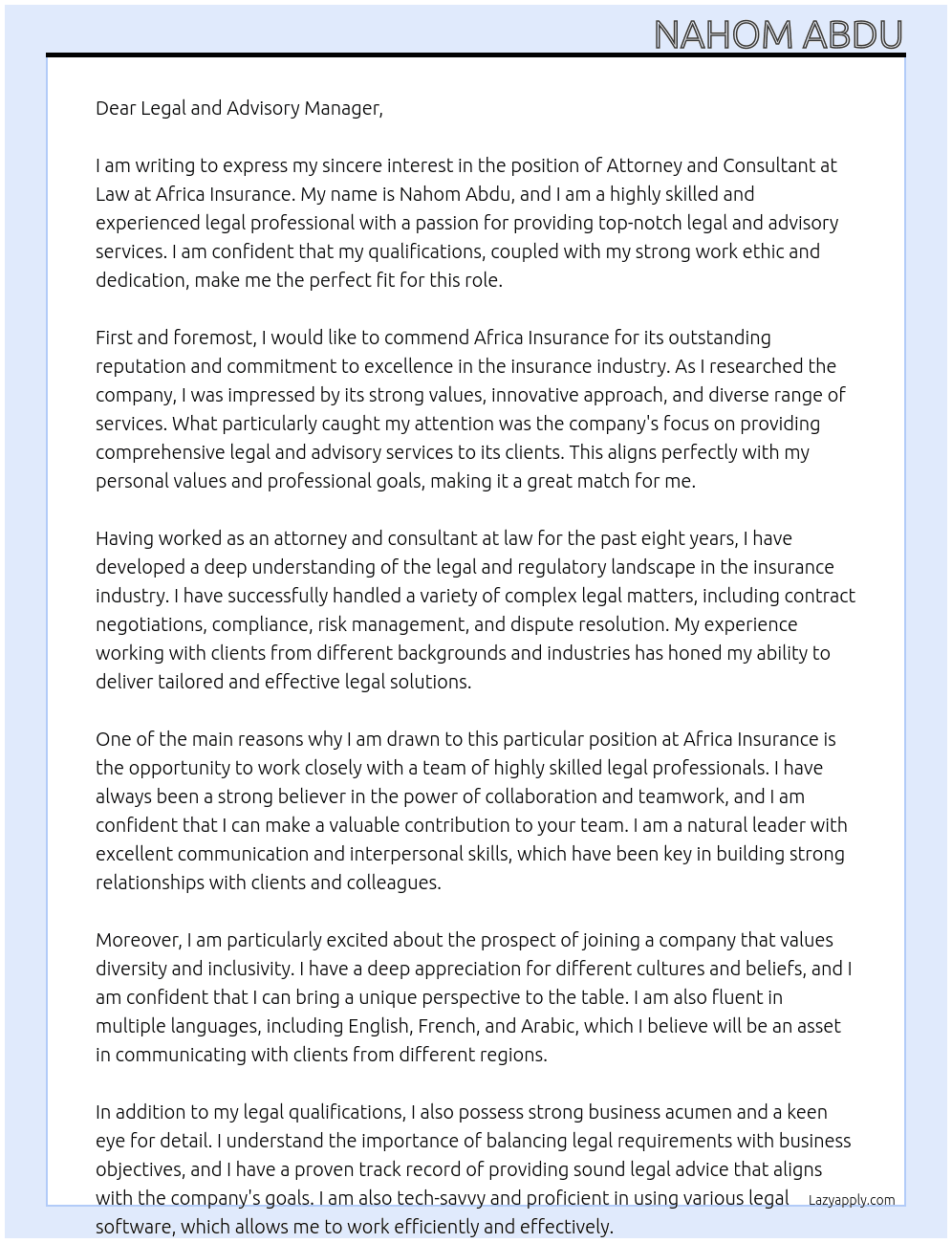 attorney and consultant at law  At Africa Insurance Cover Letter