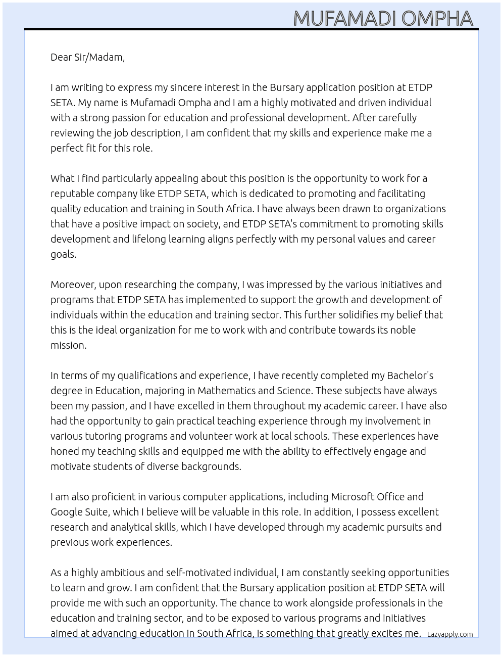 Bursary application  At ETDP SETA Cover Letter