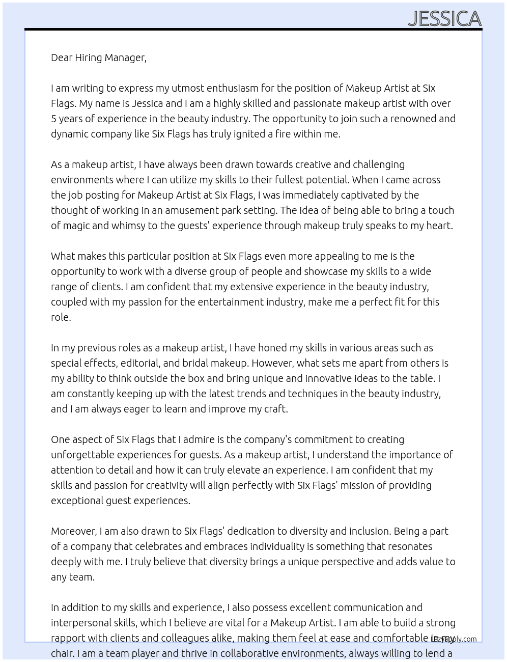 Makeup Artist At Six Flags Cover Letter