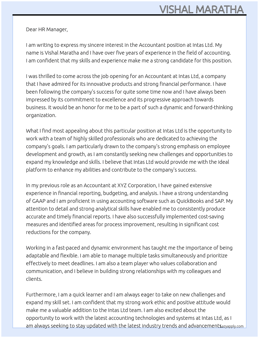 accountant At intas ltd Cover Letter