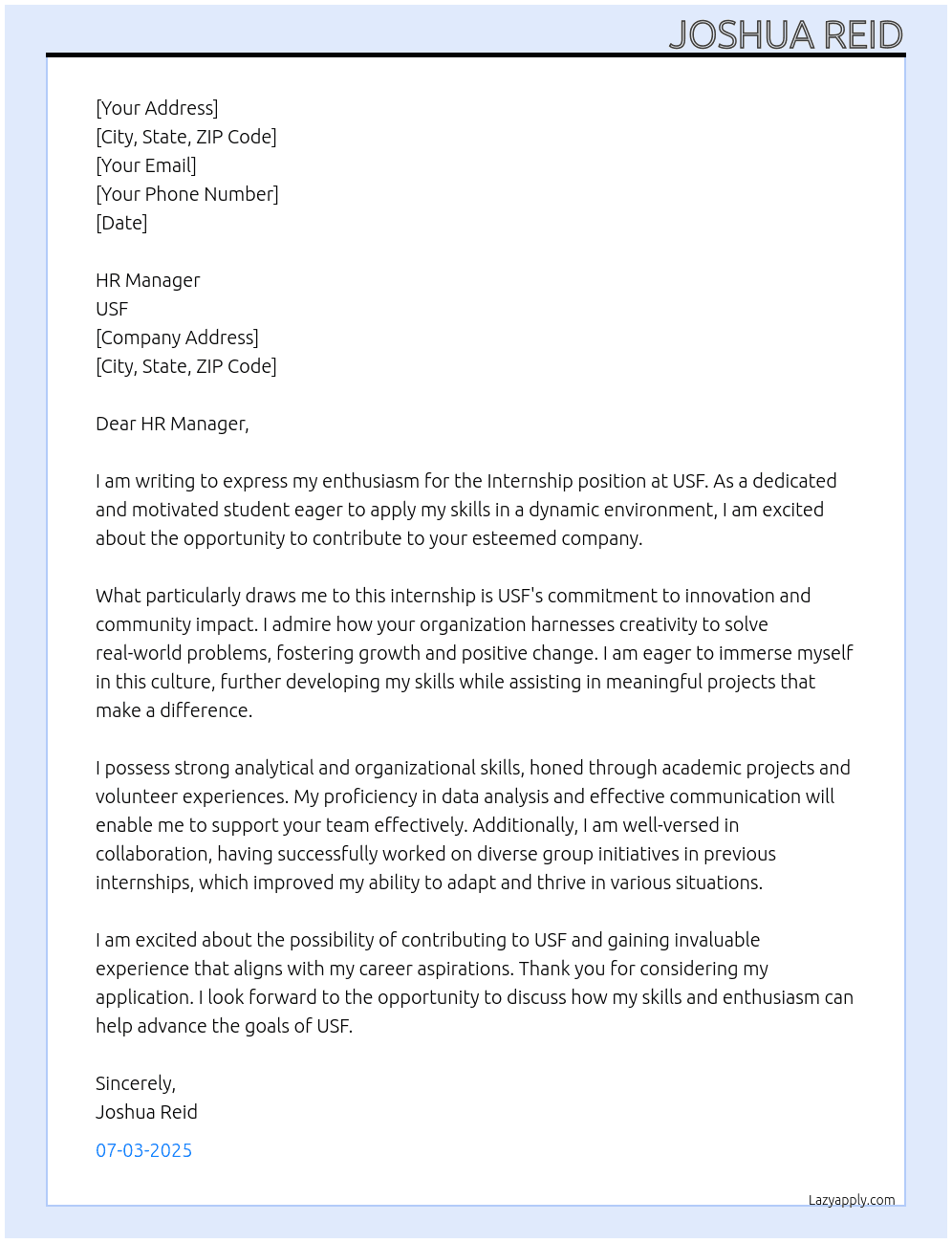 Internship At USF Cover Letter