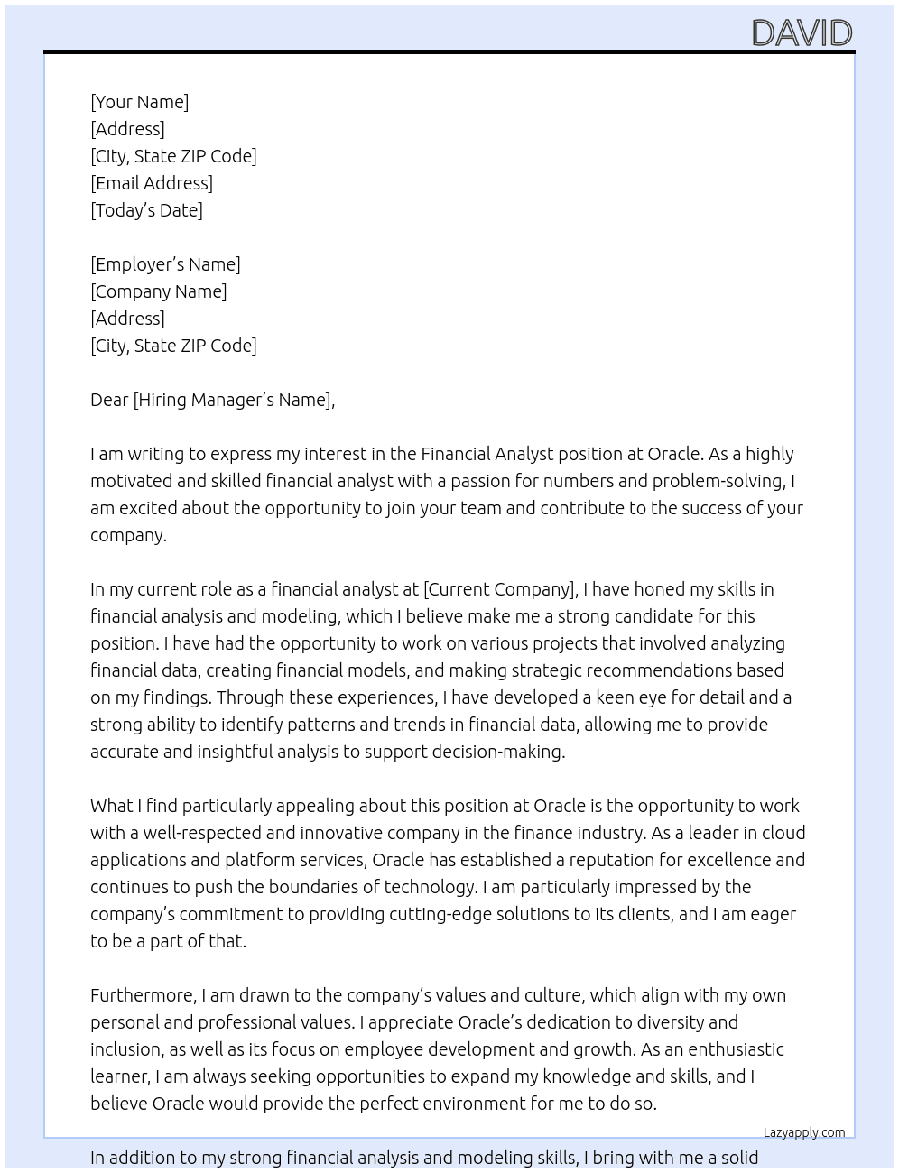 financial analyst At oracle Cover Letter
