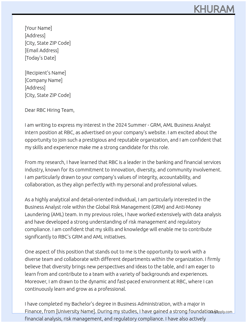 2024 Summer - GRM, AML Business Analyst Intern At RBC Cover Letter