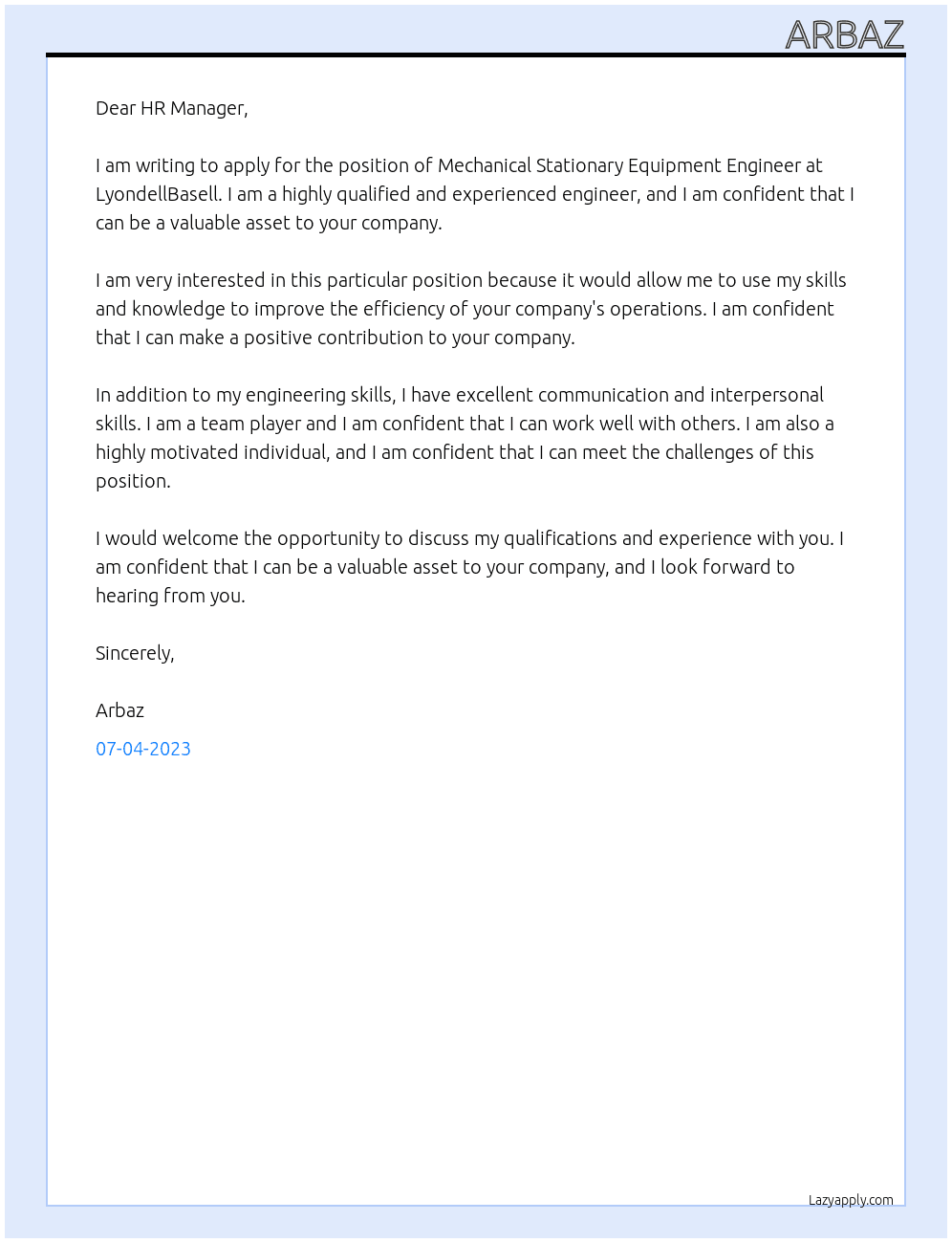 Mechanical Stationary Equipment Engineer At LyondellBasell Cover Letter