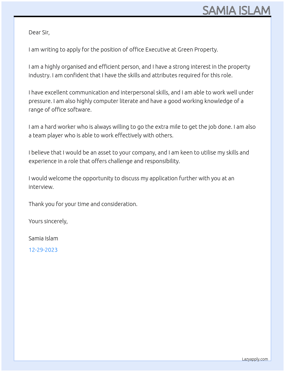 office Executive At Green Property Cover Letter