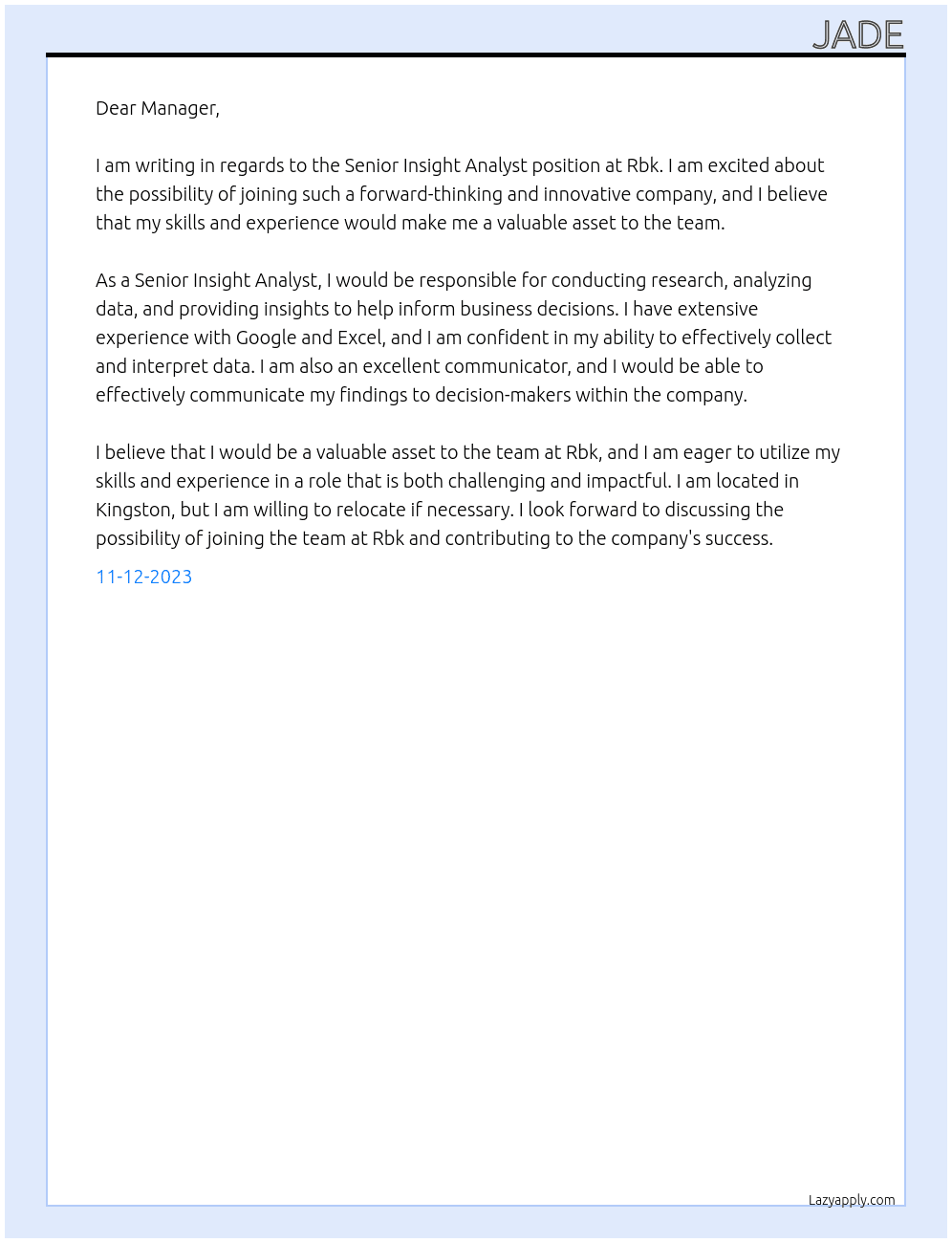 Senior insight analyst At Rbk Cover Letter