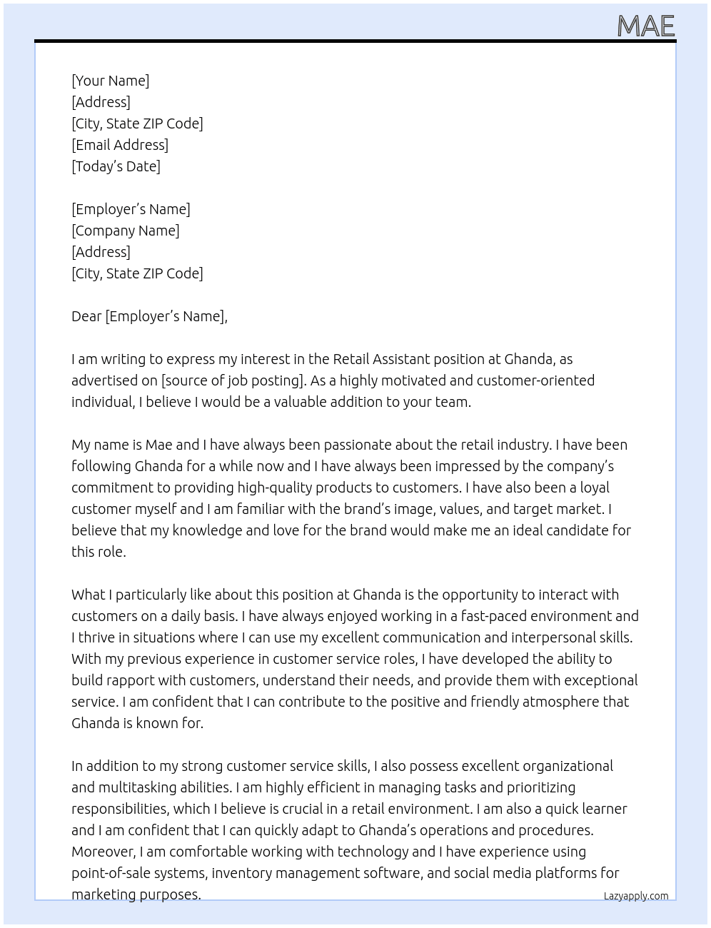 Retail Asisstant At Ghanda Cover Letter