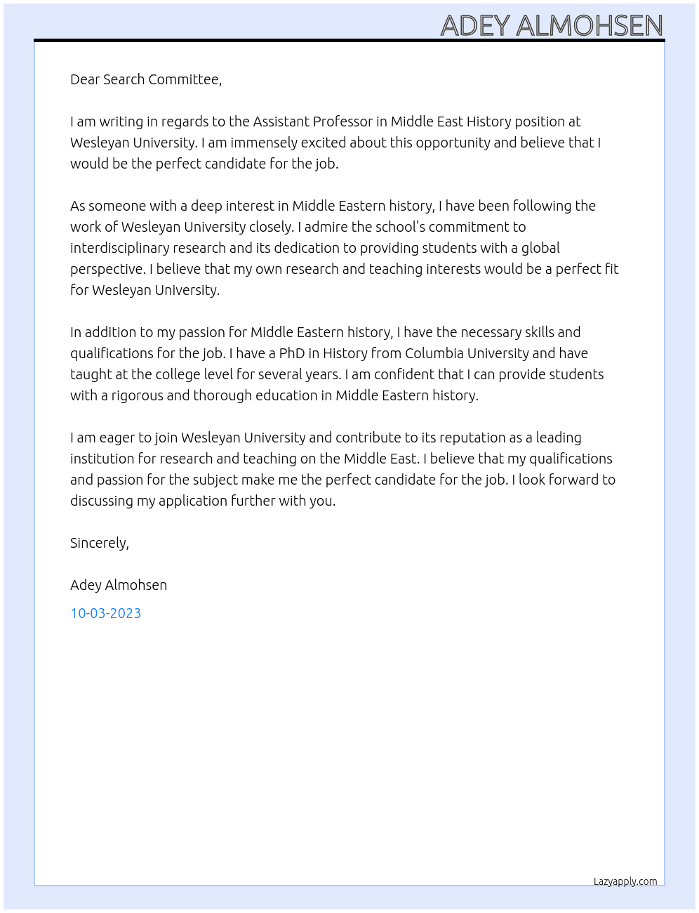 Assistant Professor in Middle East History  At Wesleyan University Cover Letter