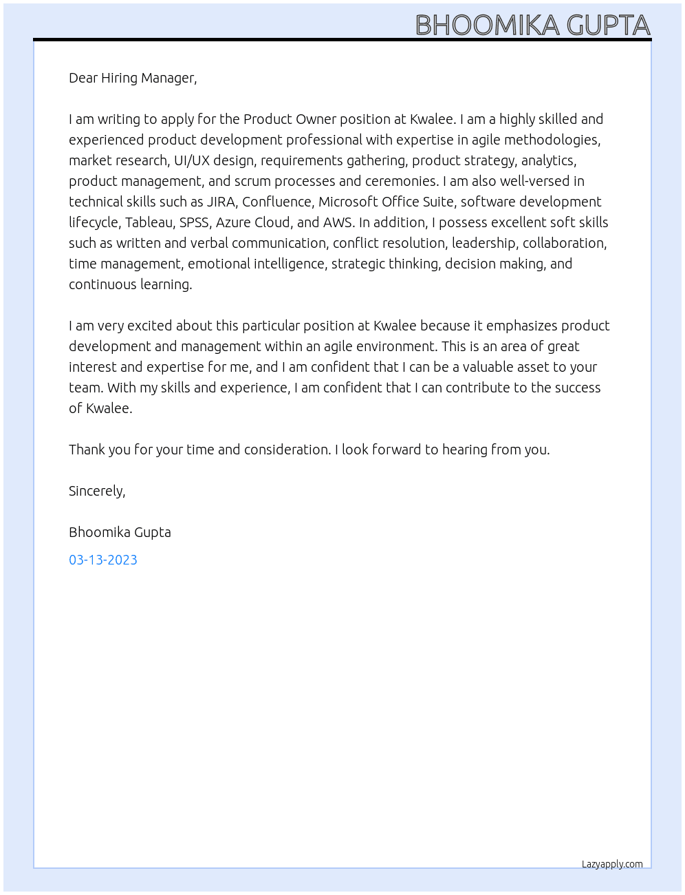 Product Owner At Kwalee Cover Letter