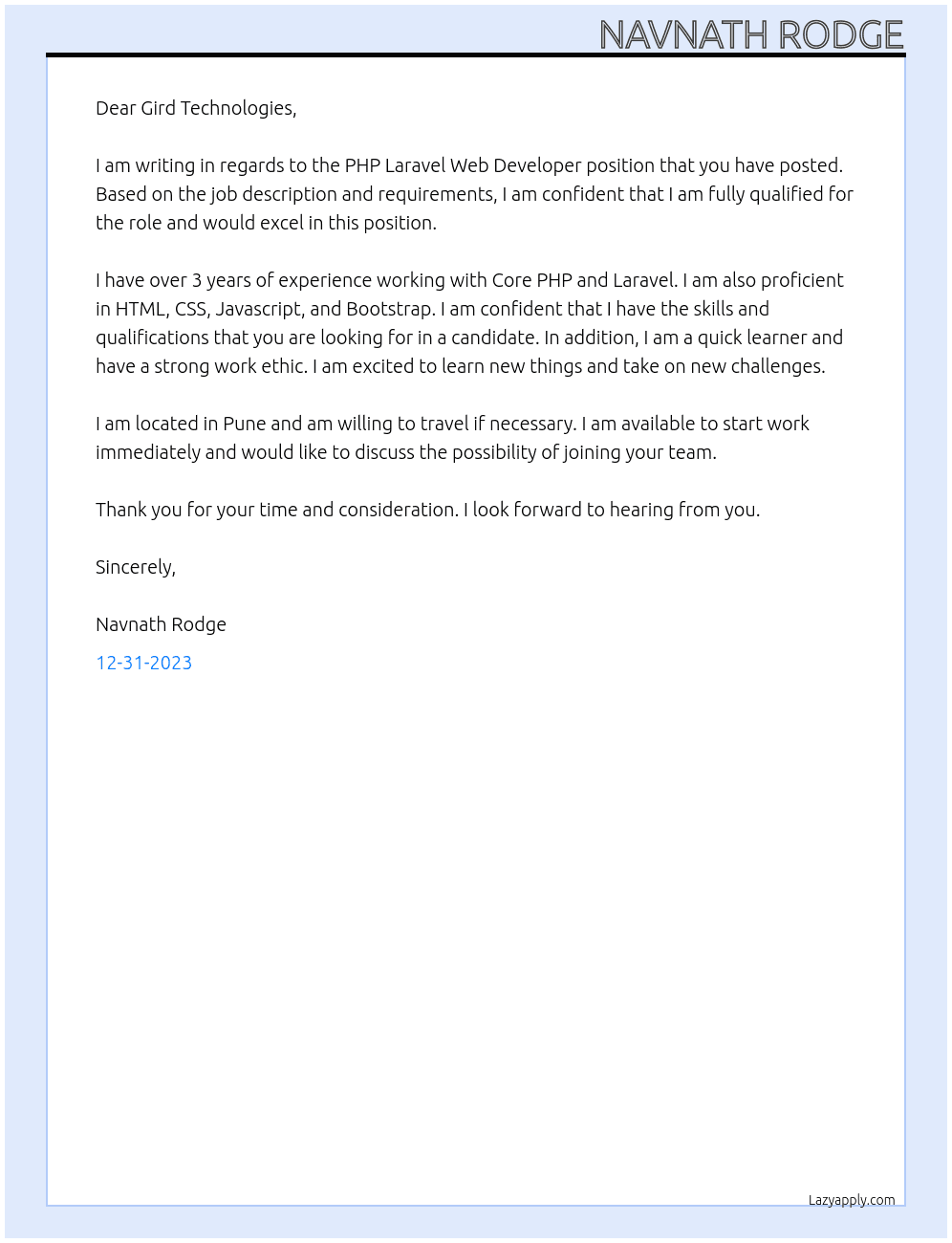 PHP Laravel Web Developer At Gird Technologies Cover Letter