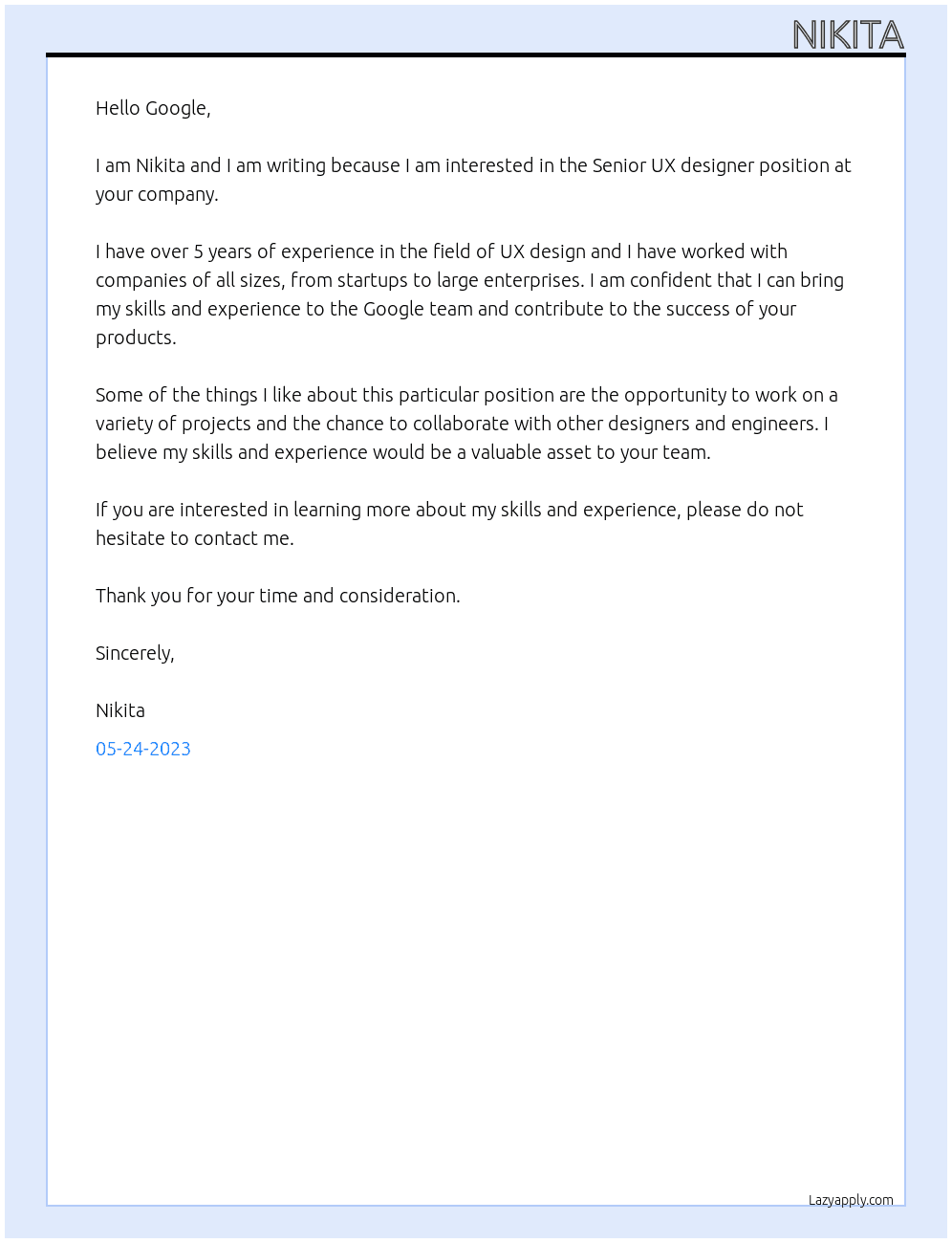 Cover letter for senior ux designer - LazyApply