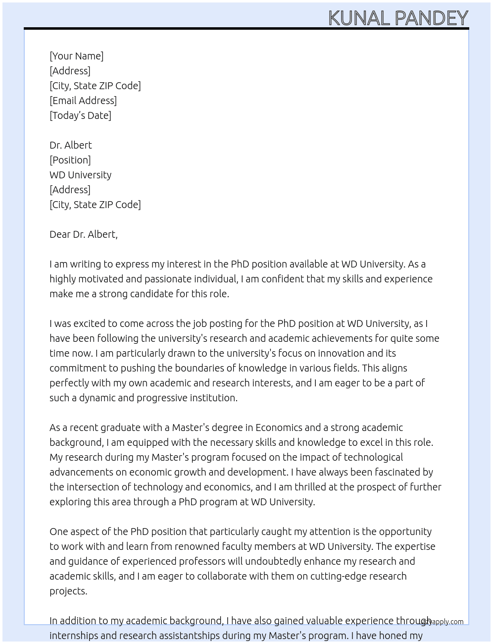 PhD position  At Wd University  Cover Letter