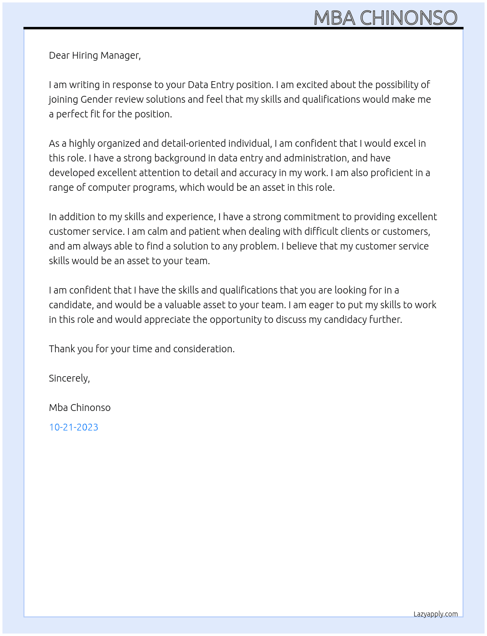 Data Entry  At Gender review solutions  Cover Letter