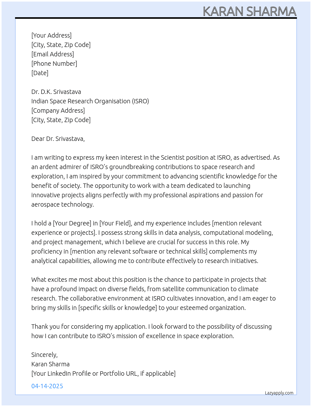 Cover letter for scientist - LazyApply