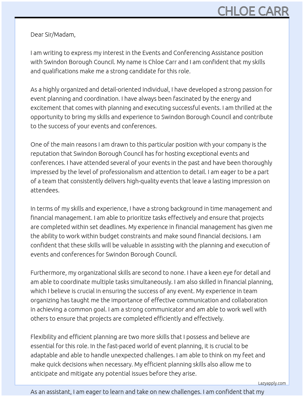 Events and conferencing assistance  At Swindon Borough Council  Cover Letter