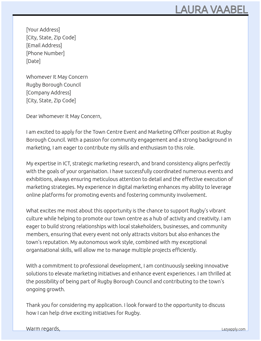 Town Centre Event and Marketing Officer At Rugby Borough Council Cover Letter