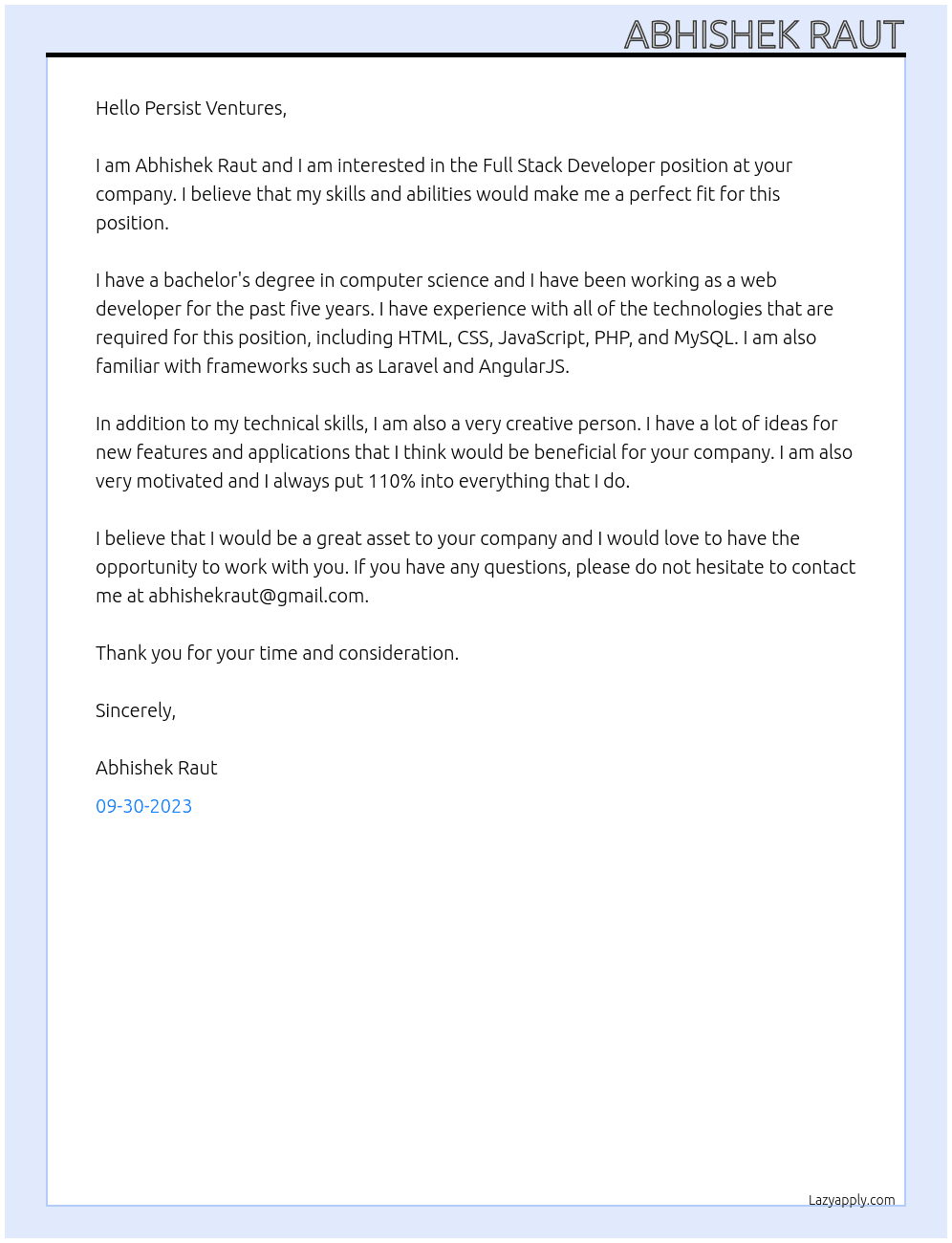 Full Stack Developer  At Persist Ventures Cover Letter